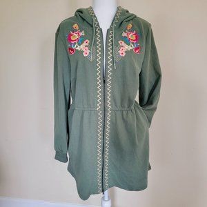 SOLITAIRE Bright Mexican Flower Embroidered Zip Up Boho Hooded Sweatshirt XL